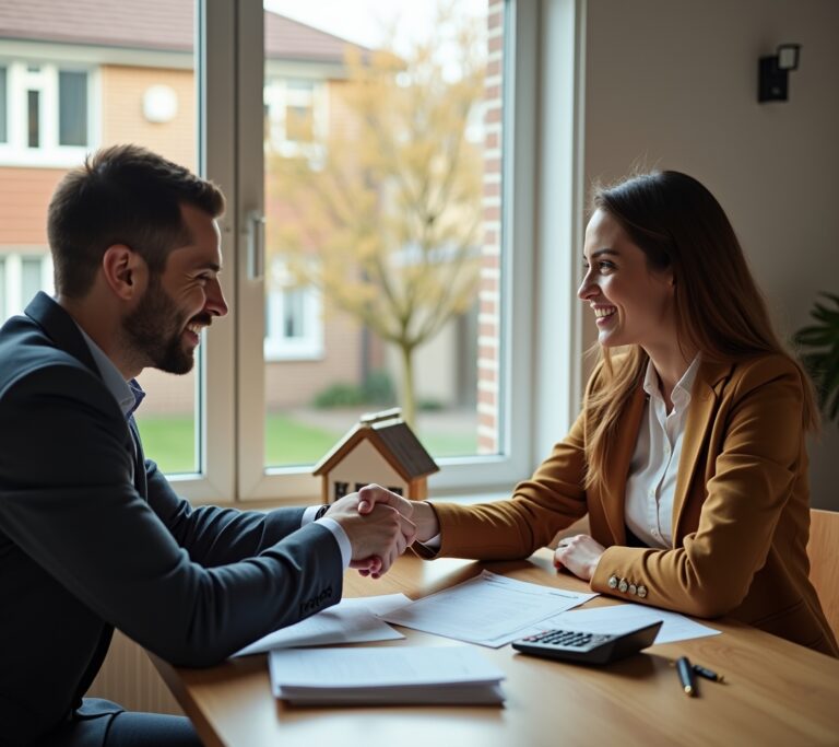 Buyer and seller shaking hands over a real estate contract
