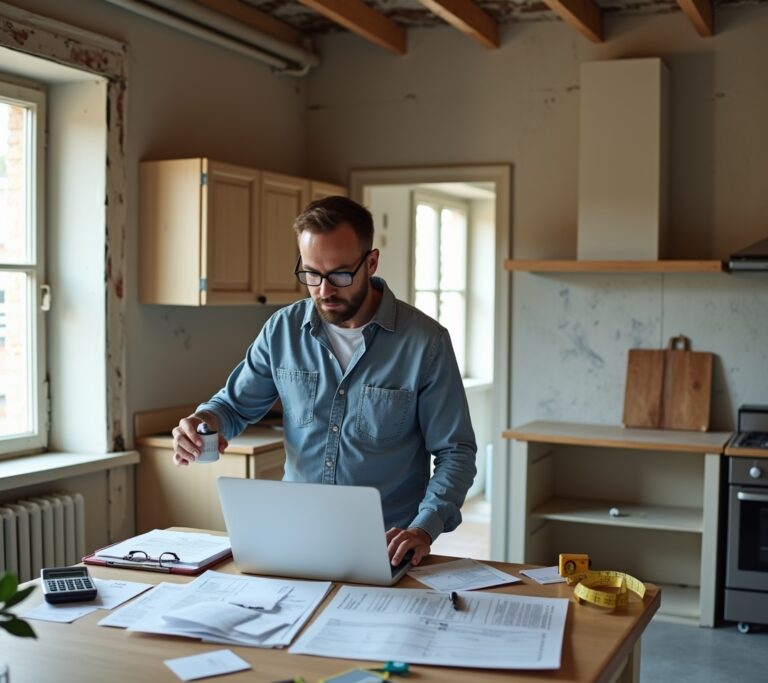Contractor and investor reviewing renovation blueprints on-site