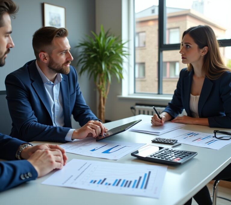 Investor signing loan documents at a lender's office desk