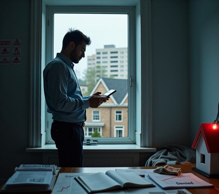 Frustrated investor reviewing paperwork at a cluttered desk