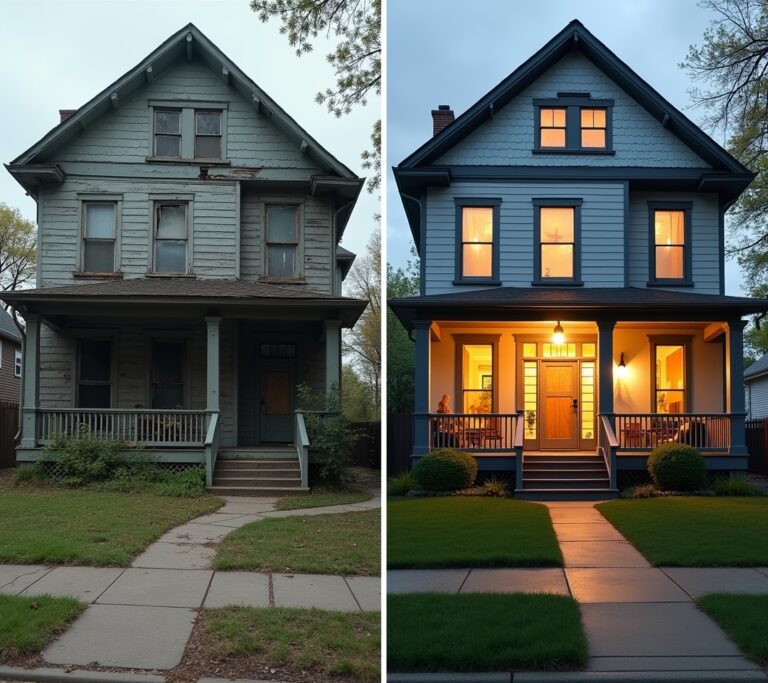 Run-down house exterior before renovation begins