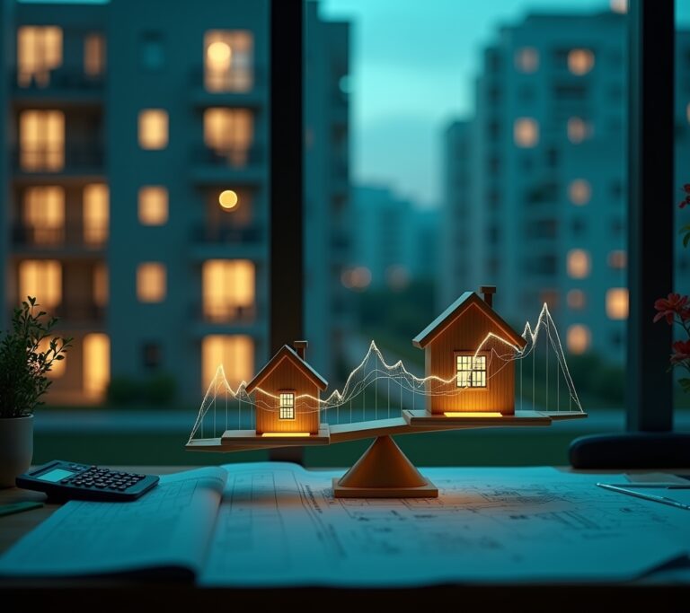 Investor stacking small model houses on a rising chart
